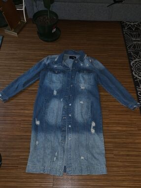 Fashion Nova Distressed Long Blue Denim Jean Jacket